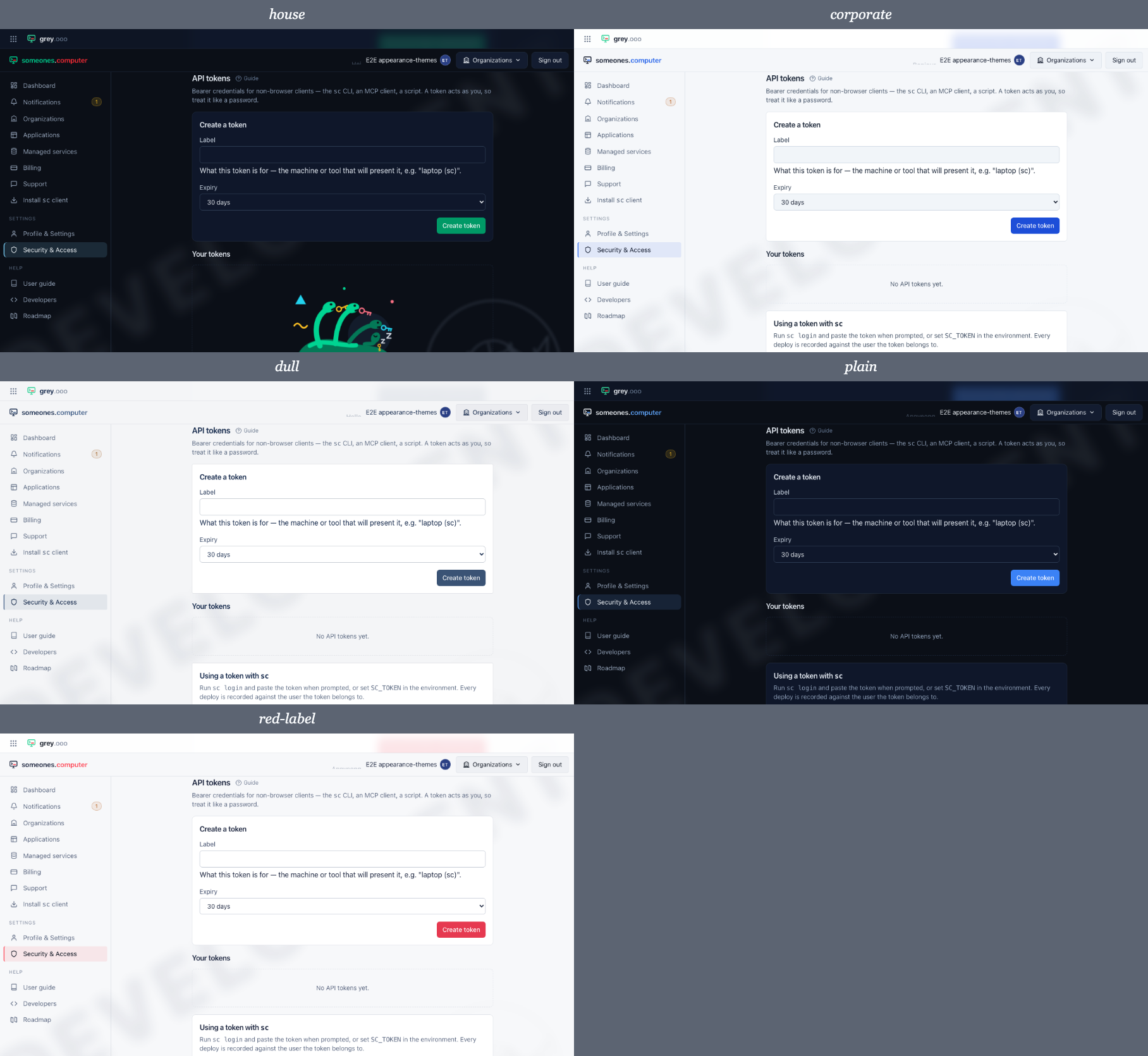 The same page in all five themes